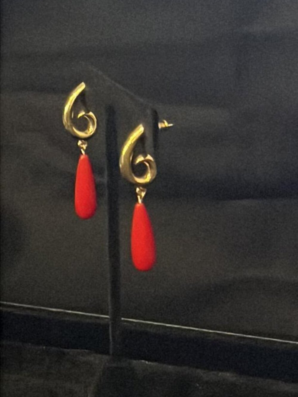 Gold Tone Scroll with Red Drop Earrings